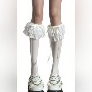 Cream Colored Lolita Style Ruffled Under The Knee Stockings